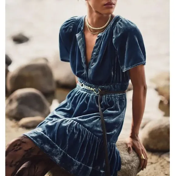 Anthropologie The Somerset Mini Dress: Velvet Edition in Blue Size XXS NWT - Picture 3 of 16